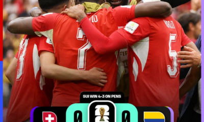 Jugadores de la Selección de Suiza celebran su clasificación a los cuartos de final de la Copa Mundial de la FIFA 2026 tras vencer a Colombia en la tanda de penales.