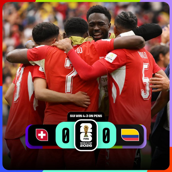 Jugadores de la Selección de Suiza celebran su clasificación a los cuartos de final de la Copa Mundial de la FIFA 2026 tras vencer a Colombia en la tanda de penales.