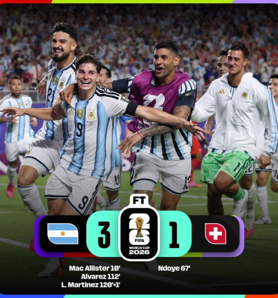 Jugadores de Argentina celebran el triunfo 3-1 sobre Suiza en los cuartos de final del Mundial 2026.