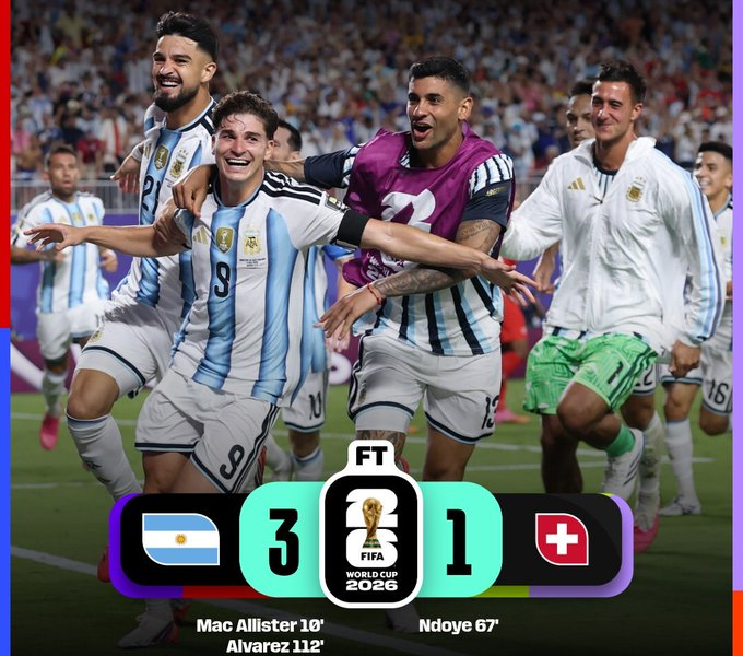 Jugadores de Argentina celebran el triunfo 3-1 sobre Suiza en los cuartos de final del Mundial 2026.
