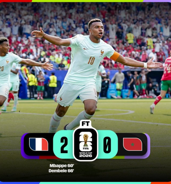 Kylian Mbappé celebra el primer gol de Francia durante la victoria 2-0 sobre Marruecos en los cuartos de final de la Copa Mundial de la FIFA 2026, resultado que clasificó al conjunto francés a las semifinales.