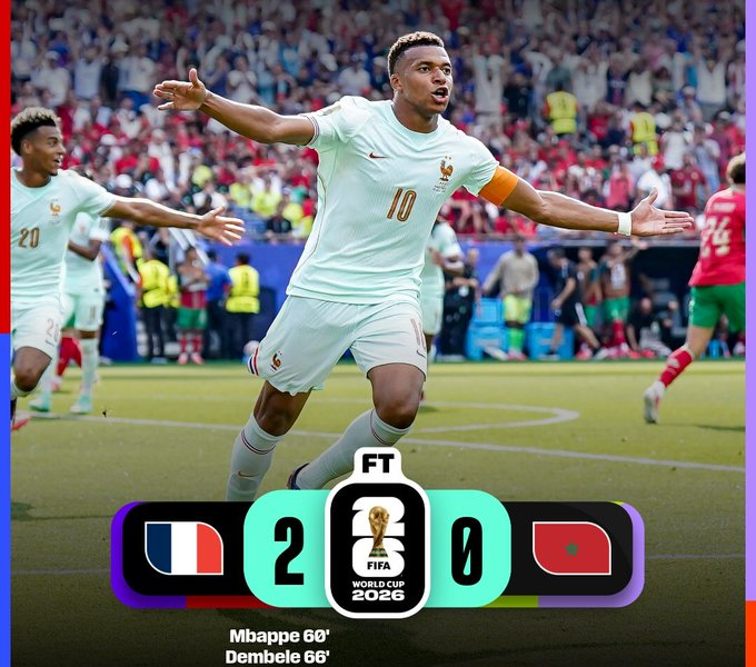 Kylian Mbappé celebra el primer gol de Francia durante la victoria 2-0 sobre Marruecos en los cuartos de final de la Copa Mundial de la FIFA 2026, resultado que clasificó al conjunto francés a las semifinales.