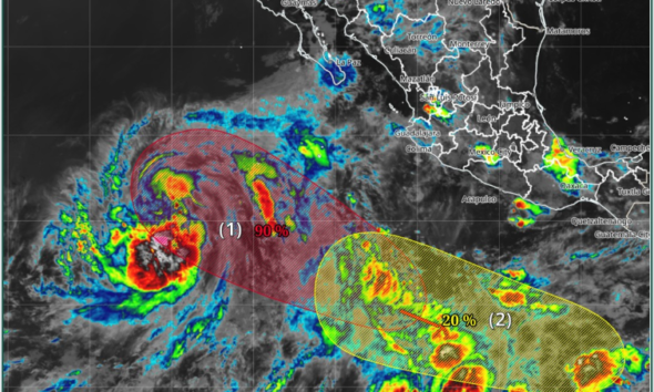 Imagen satelital GOES-19 con la ubicación de la Tormenta Tropical Elida en el océano Pacífico.