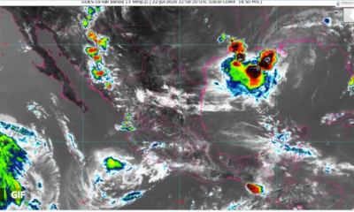 Imagen satelital GOES-19 muestra nubosidad sobre México asociada al monzón mexicano.