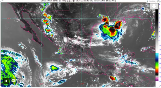 Imagen satelital GOES-19 muestra nubosidad sobre México asociada al monzón mexicano.