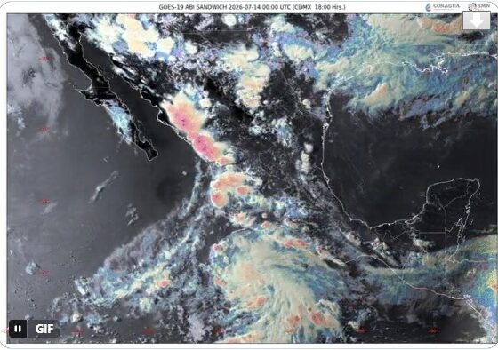 Imagen satelital GOES-19 con nubosidad sobre México asociada al pronóstico de lluvias del 13 de julio de 2026.