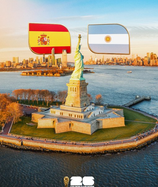 Imagen promocional de la Final del Mundial 2026 entre España y Argentina con la Estatua de la Libertad al fondo.