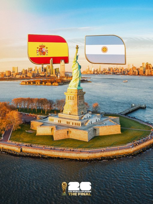 Imagen promocional de la Final del Mundial 2026 entre España y Argentina con la Estatua de la Libertad al fondo.