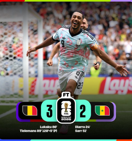 Jugador de la Selección de Bélgica celebra durante la victoria 3-2 sobre Senegal en la Ronda de 32 de la Copa Mundial de la FIFA 2026, partido definido en tiempo extra tras una dramática remontada belga.
