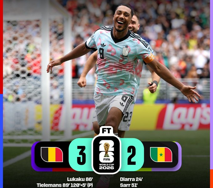 Jugador de la Selección de Bélgica celebra durante la victoria 3-2 sobre Senegal en la Ronda de 32 de la Copa Mundial de la FIFA 2026, partido definido en tiempo extra tras una dramática remontada belga.