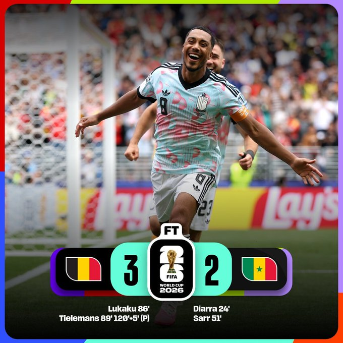 Jugador de la Selección de Bélgica celebra durante la victoria 3-2 sobre Senegal en la Ronda de 32 de la Copa Mundial de la FIFA 2026, partido definido en tiempo extra tras una dramática remontada belga.