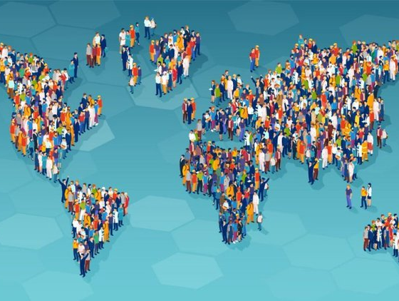 Ilustración del mapa mundial formado por personas para representar el Día Mundial de la Población, conmemorado el 11 de julio, una fecha promovida por la ONU para generar conciencia sobre los desafíos demográficos y el desarrollo sostenible.