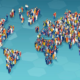 Ilustración del mapa mundial formado por personas para representar el Día Mundial de la Población, conmemorado el 11 de julio, una fecha promovida por la ONU para generar conciencia sobre los desafíos demográficos y el desarrollo sostenible.