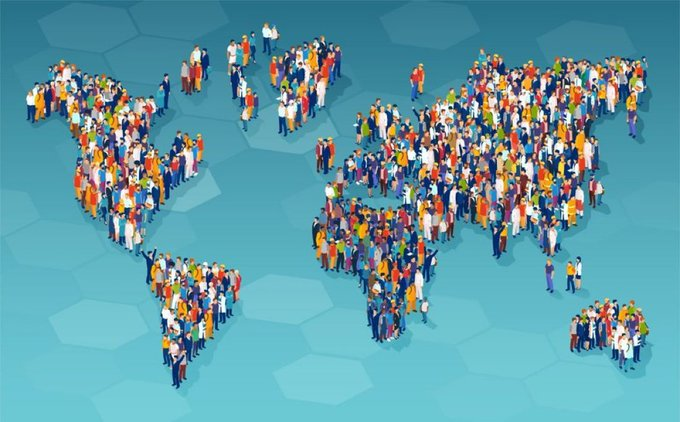 Ilustración del mapa mundial formado por personas para representar el Día Mundial de la Población, conmemorado el 11 de julio, una fecha promovida por la ONU para generar conciencia sobre los desafíos demográficos y el desarrollo sostenible.