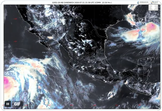 Imagen satelital GOES-19 que muestra nubosidad asociada al pronóstico de lluvias en México.