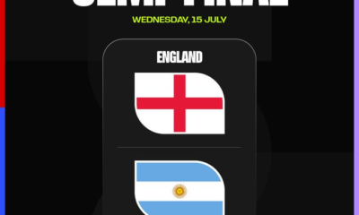 Gráfico oficial que anuncia la semifinal entre Inglaterra y Argentina en la Copa Mundial de la FIFA 2026.