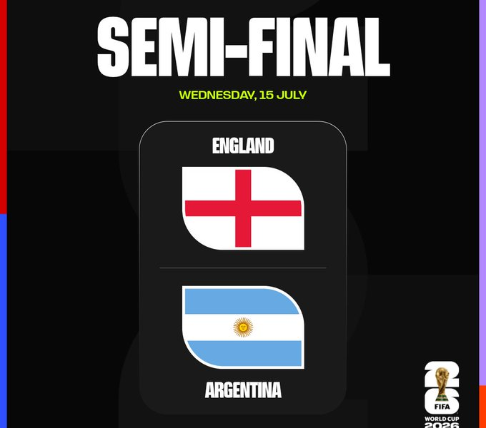 Gráfico oficial que anuncia la semifinal entre Inglaterra y Argentina en la Copa Mundial de la FIFA 2026.