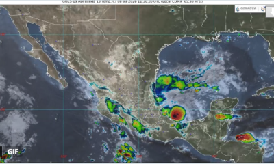 Imagen satelital GOES-19 muestra sistemas nubosos sobre el centro de México durante el pronóstico meteorológico del 8 de julio de 2026, con lluvias, chubascos, descargas eléctricas y bancos de niebla previstos para Puebla y entidades vecinas.