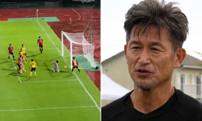 ALT: Kazuyoshi Miura durante un partido tras volver a marcar un gol a los 59 años.