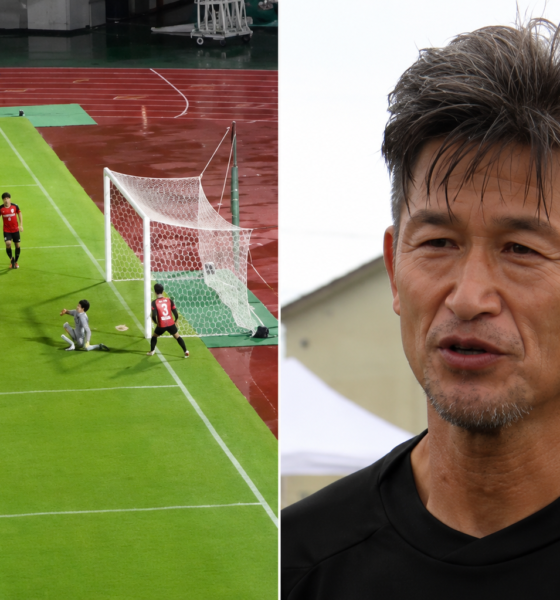 ALT: Kazuyoshi Miura durante un partido tras volver a marcar un gol a los 59 años.