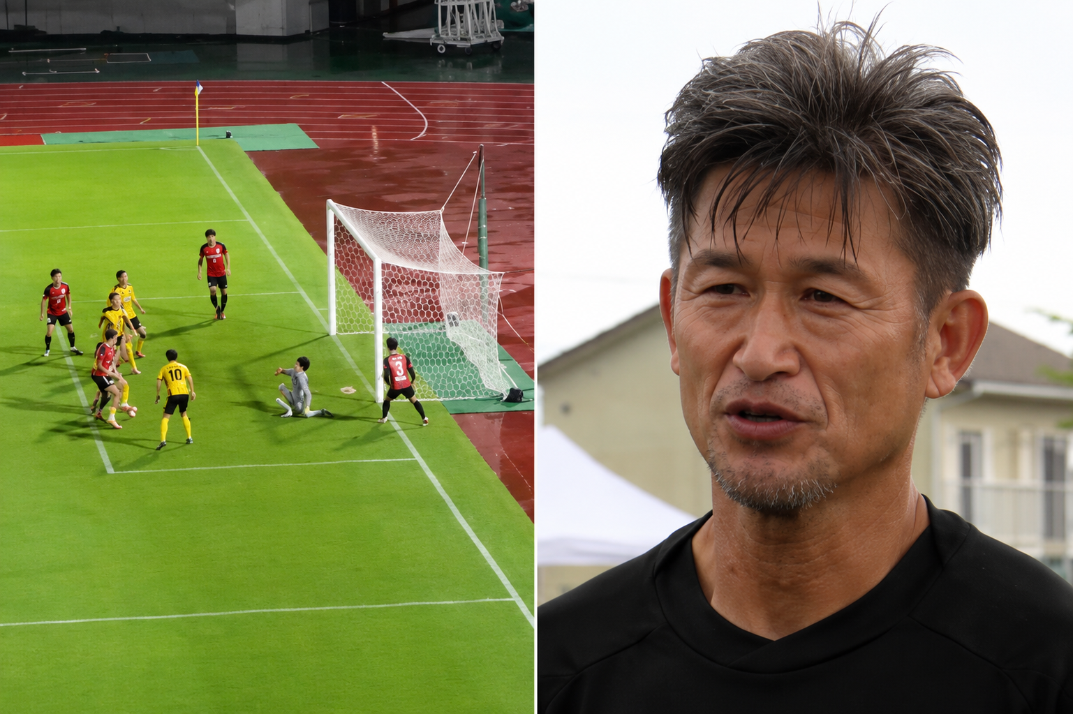 ALT: Kazuyoshi Miura durante un partido tras volver a marcar un gol a los 59 años.