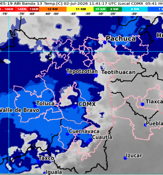 Imagen satelital GOES-19 ABI Banda 13 del centro de México correspondiente al 02 de julio de 2026, con nubosidad sobre Puebla, Valle de México, Tlaxcala, Morelos, Hidalgo y Estado de México, asociada a lluvias, chubascos, bancos de niebla y posible actividad eléctrica.