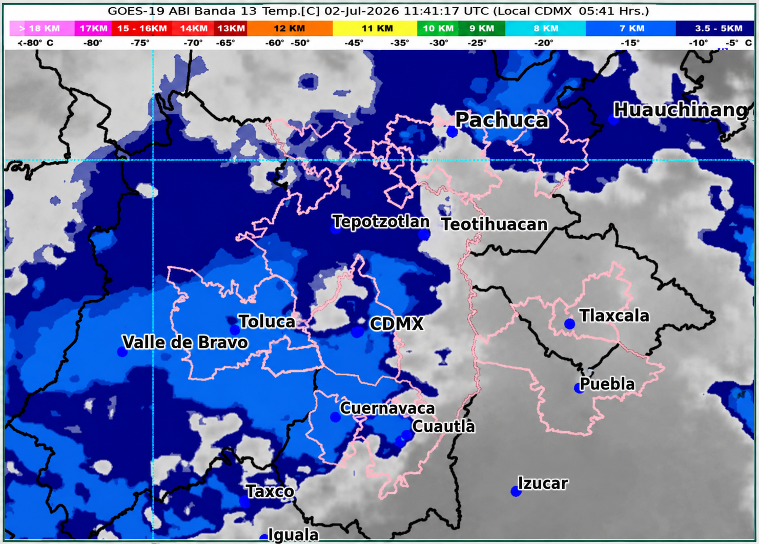 Imagen satelital GOES-19 ABI Banda 13 del centro de México correspondiente al 02 de julio de 2026, con nubosidad sobre Puebla, Valle de México, Tlaxcala, Morelos, Hidalgo y Estado de México, asociada a lluvias, chubascos, bancos de niebla y posible actividad eléctrica.