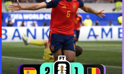 Mikel Merino celebra el gol de la victoria durante el partido entre España y Bélgica en los cuartos de final de la Copa Mundial de la FIFA 2026. La Roja ganó 2-1 y avanzó a las semifinales del torneo.