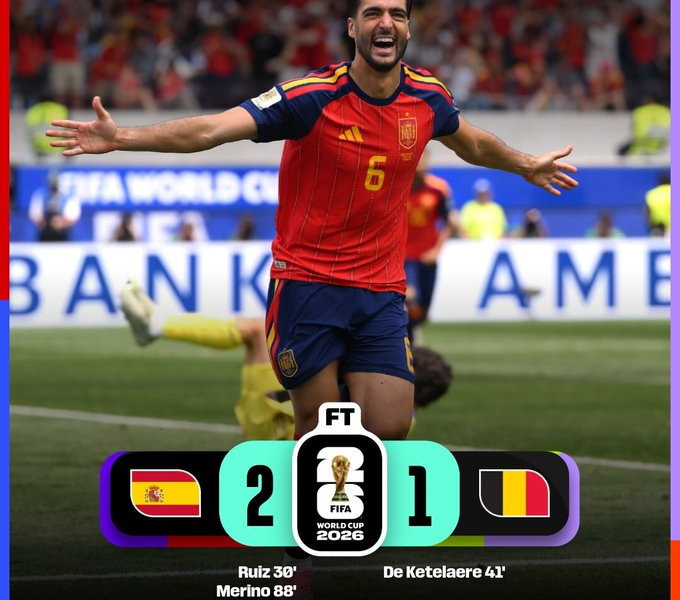 Mikel Merino celebra el gol de la victoria durante el partido entre España y Bélgica en los cuartos de final de la Copa Mundial de la FIFA 2026. La Roja ganó 2-1 y avanzó a las semifinales del torneo.