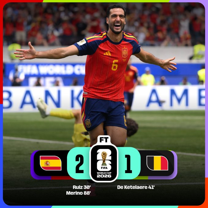 Mikel Merino celebra el gol de la victoria durante el partido entre España y Bélgica en los cuartos de final de la Copa Mundial de la FIFA 2026. La Roja ganó 2-1 y avanzó a las semifinales del torneo.