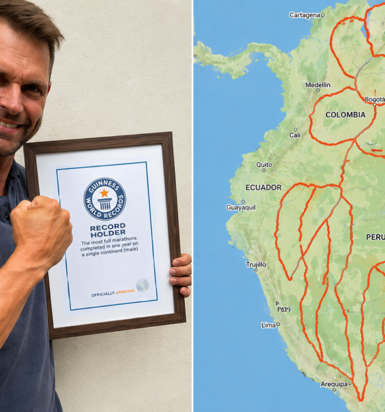 ALT: Frédéric de Lanouvelle muestra su certificado Guinness junto al mapa del recorrido con forma de flor.