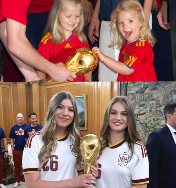 Princesa Leonor e infanta Sofía sostienen la Copa del Mundo en 2010 y 2026 tras los dos campeonatos conquistados por España.