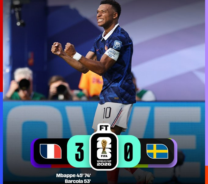 Kylian Mbappé celebra uno de sus goles durante la victoria de Francia por 3-0 sobre Suecia en la Ronda de 32 de la Copa Mundial de la FIFA 2026, resultado que clasificó al conjunto francés a los octavos de final.