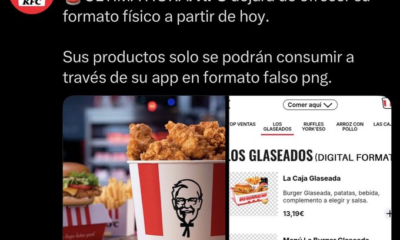 Captura de pantalla de una publicación de KFC España en X donde la marca se burla de PlayStation al anunciar de forma satírica que dejará de ofrecer productos en formato físico y que solo podrán consumirse desde su app en formato falso png.