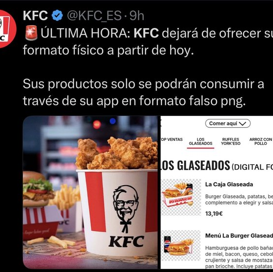 Captura de pantalla de una publicación de KFC España en X donde la marca se burla de PlayStation al anunciar de forma satírica que dejará de ofrecer productos en formato físico y que solo podrán consumirse desde su app en formato falso png.