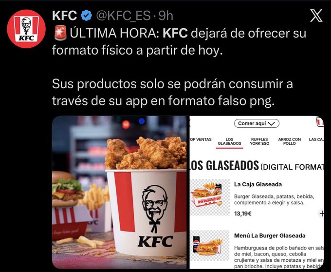 Captura de pantalla de una publicación de KFC España en X donde la marca se burla de PlayStation al anunciar de forma satírica que dejará de ofrecer productos en formato físico y que solo podrán consumirse desde su app en formato falso png.