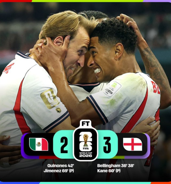 Jugadores de Inglaterra celebran la victoria 3-2 sobre México en los octavos de final de la Copa Mundial de la FIFA 2026, resultado que clasificó al conjunto inglés a los cuartos de final.