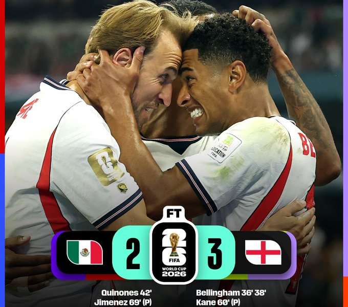 Jugadores de Inglaterra celebran la victoria 3-2 sobre México en los octavos de final de la Copa Mundial de la FIFA 2026, resultado que clasificó al conjunto inglés a los cuartos de final.