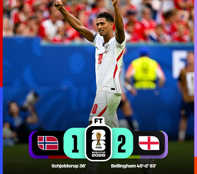 Jude Bellingham celebra la clasificación de Inglaterra a las semifinales del Mundial 2026 tras vencer a Noruega.
